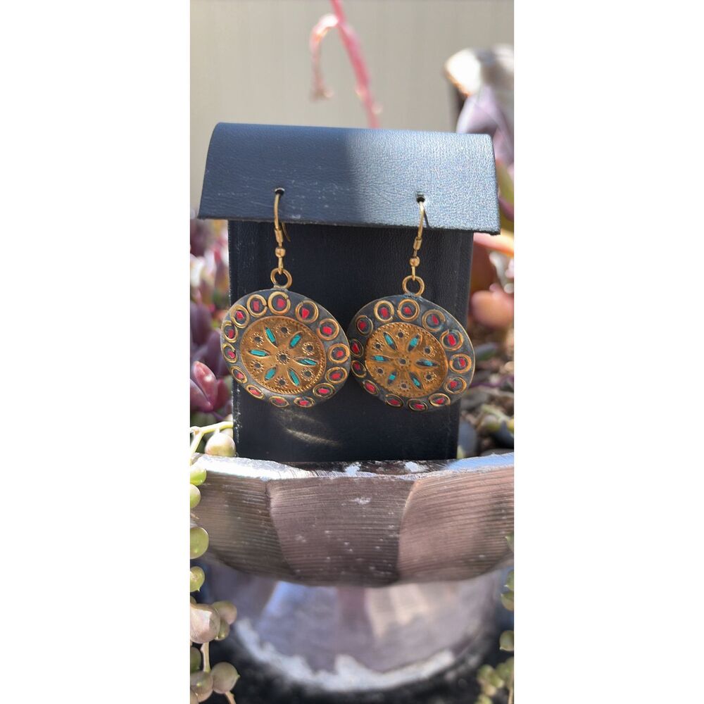 Tibetan style brass and mosaic dangle earrings